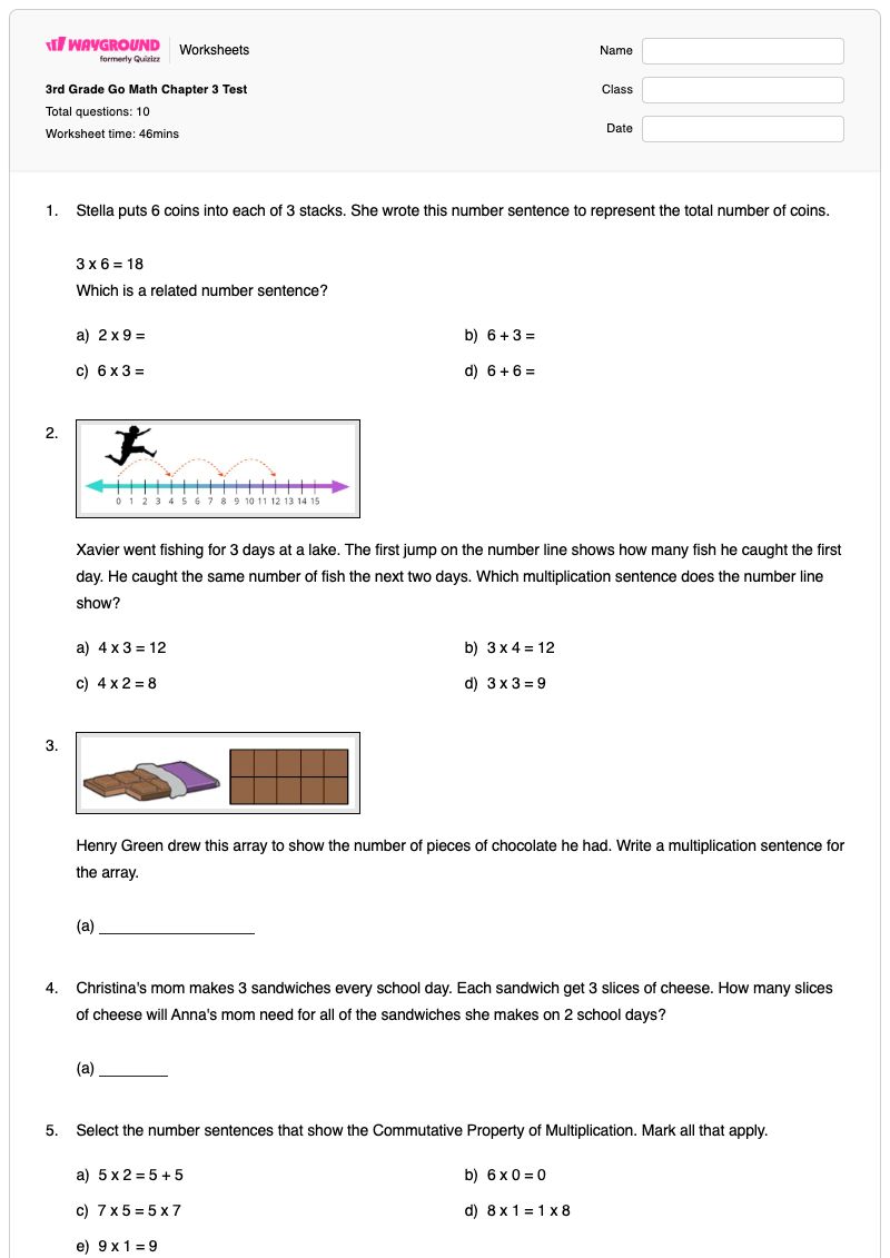 3rd Grade Go Math Chapter 3 Test - พิมพ์ได้ ปริศนาคณิตศาสตร์ เวิร์กชีท ระดับ 3 - Wayground