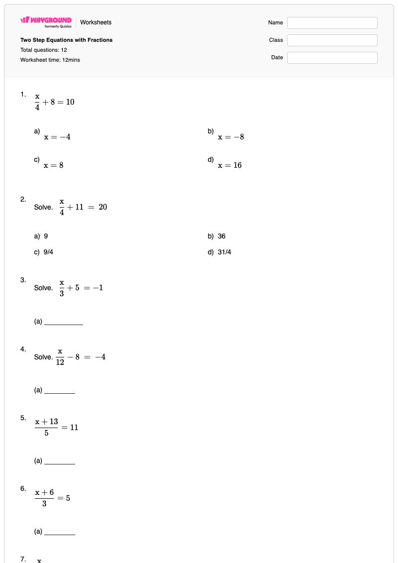 Two Step Equations with Fractions - พิมพ์ได้ สมการสองขั้นตอน เวิร์กชีท - Wayground