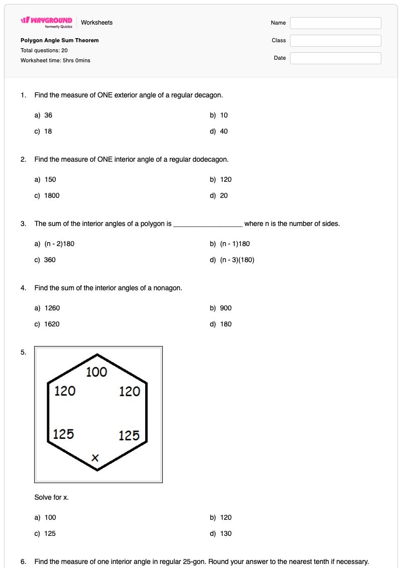Polygon Angle Sum Theorem  - พิมพ์ได้ Polygon-angle-sum-theorem เวิร์กชีท - Wayground