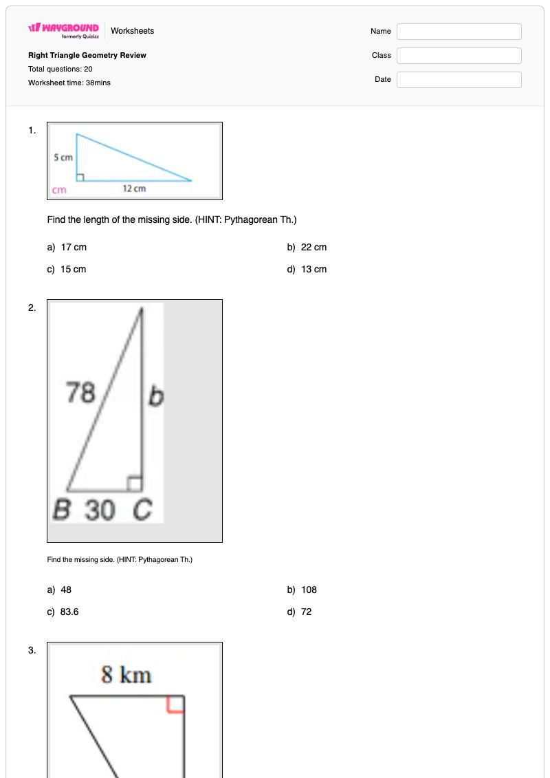 Right Triangle Geometry Review - พิมพ์ได้ Tangent-function เวิร์กชีท ระดับ 7 - Wayground