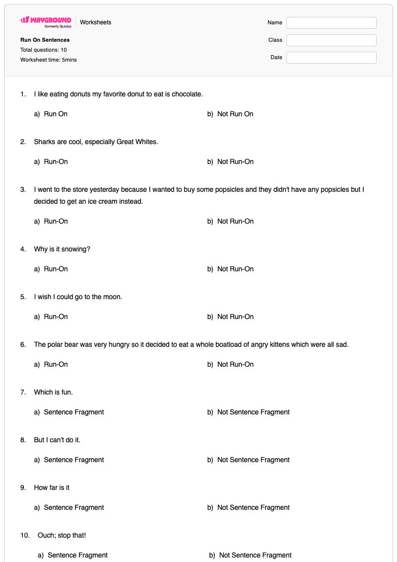 Run On Sentences - Printable Run-on-sentences Worksheets Grade 6 - Wayground
