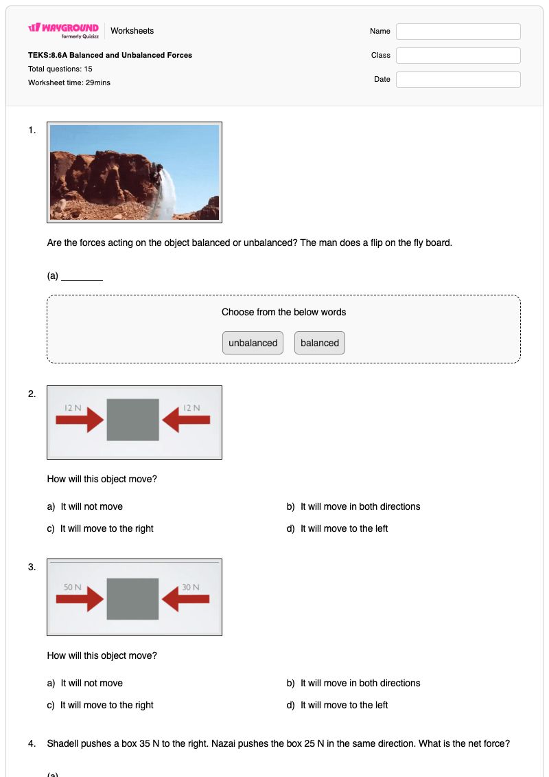 TEKS:8.6A Balanced and Unbalanced Forces - Printable Coulomb-s-law-and-electric-force Worksheets - Wayground