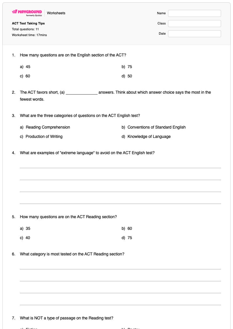 ACT Test Taking Tips - Printable Fiction Worksheets Year 11 - Wayground