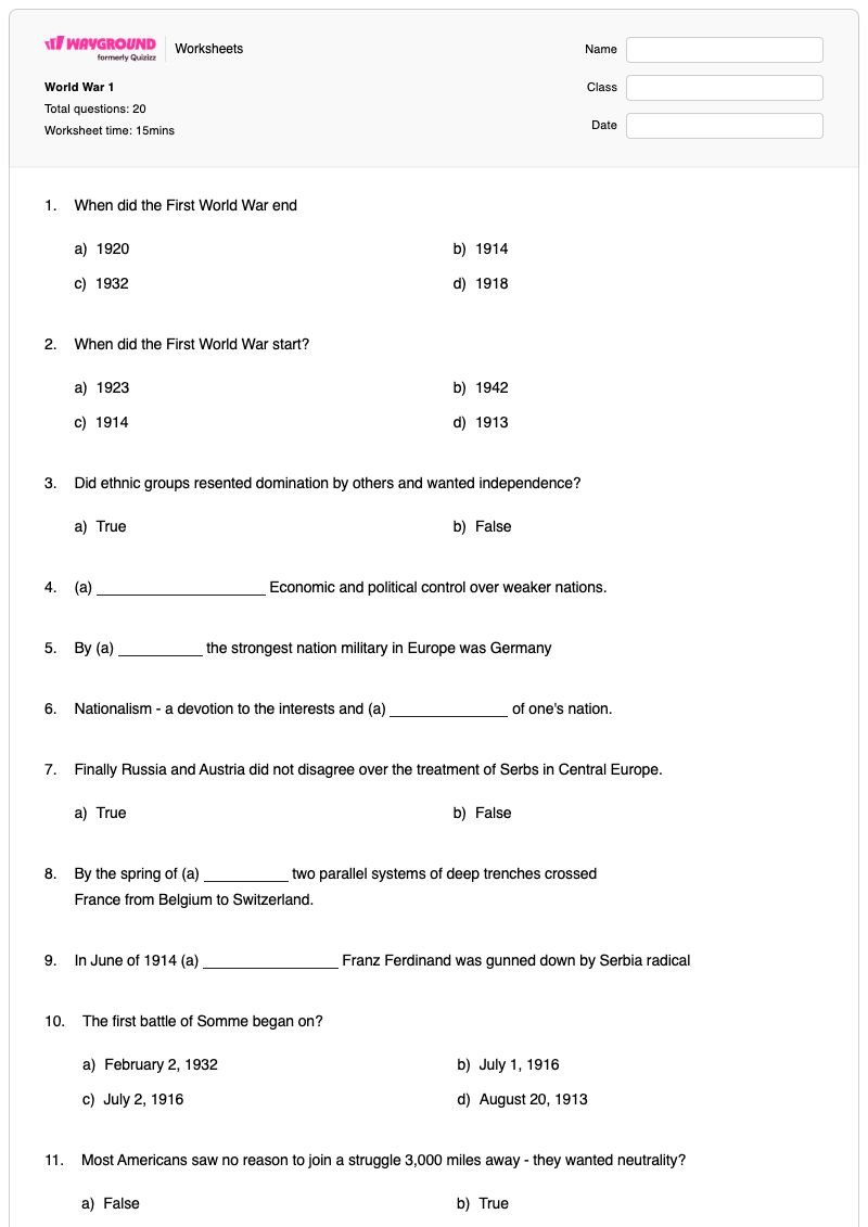World War 1 - Printable World-war-i-timeline Worksheets Grade 7 - Wayground