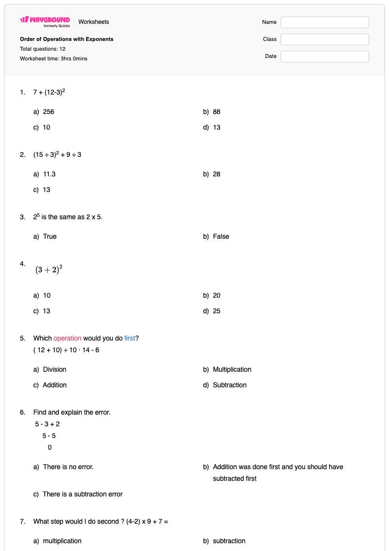 Order of Operations with Exponents - Printable Order-of-operations-pemdas Worksheets Class 6 - Wayground