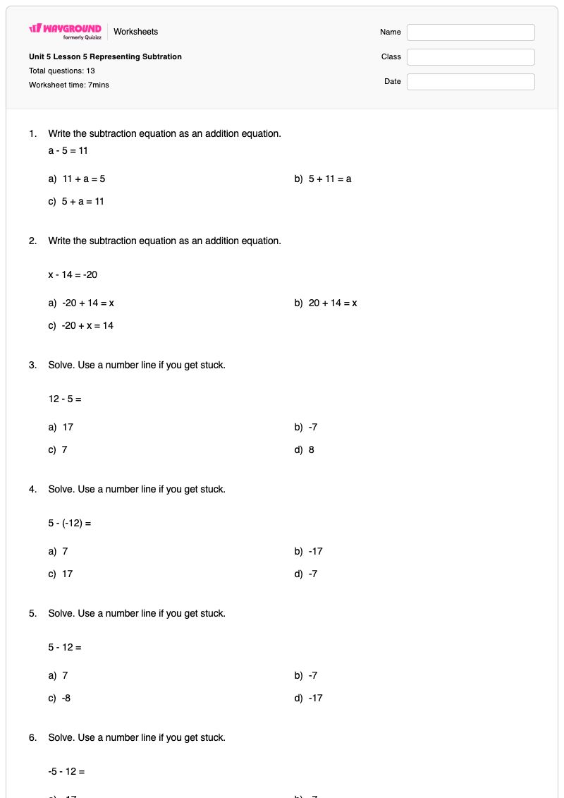 Unit 5 Lesson 5 Representing Subtration - Printable Subtraction Worksheets - Wayground
