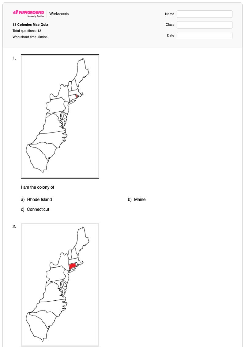 13 Colonies Map Quiz - พิมพ์ได้ การระบุอารมณ์ เวิร์กชีท ระดับ 6 - Wayground