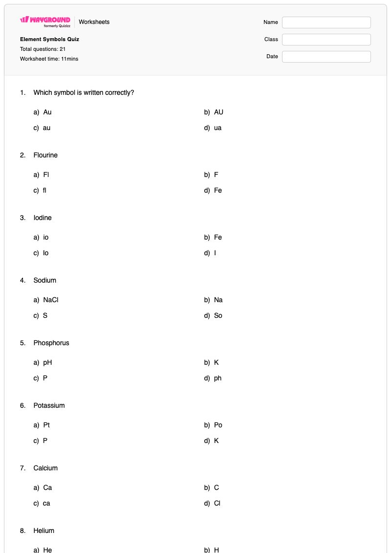 Element Symbols Quiz - Printable Element-symbols Worksheets Kindergarten - Wayground