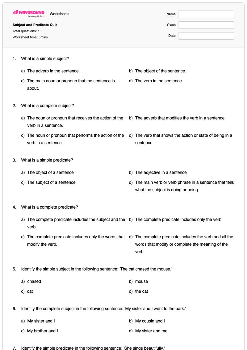 Subject and Predicate Quiz - พิมพ์ได้ Subject-and-predicate เวิร์กชีท ระดับ 8 - Wayground