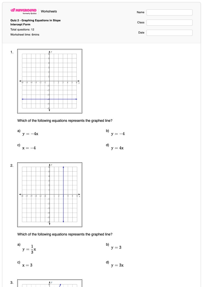 Quiz 2 - Graphing Equations in Slope Intercept Form - พิมพ์ได้ รูปแบบความชัน-จุดตัดแกน เวิร์กชีท - Wayground