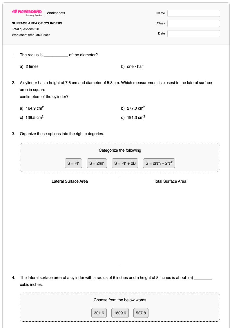 SURFACE AREA OF CYLINDERS - Printable Area-of-a-kite Worksheets - Wayground