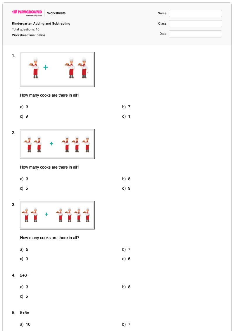 Kindergarten Adding and Subtracting - พิมพ์ได้ Addition-and-subtraction เวิร์กชีท โรงเรียนอนุบาล - Wayground