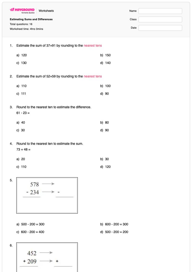 Estimating Sums and Differences - พิมพ์ได้ การประมาณความแตกต่าง เวิร์กชีท ระดับ 3 - Wayground