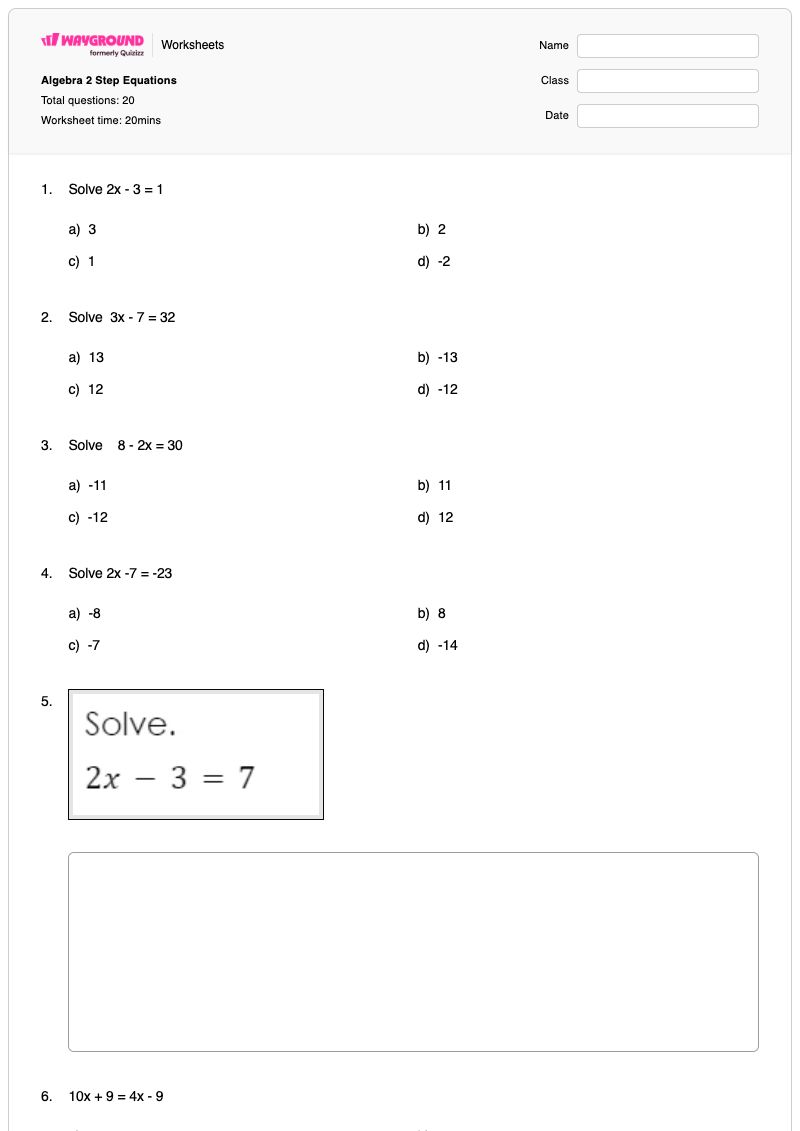 Algebra 2 Step Equations - Printable Algebra-2 Worksheets - Wayground