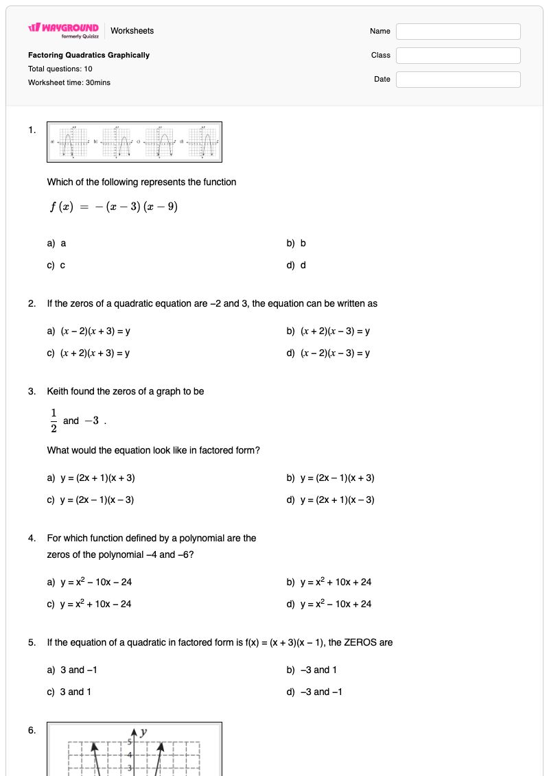 Factoring Quadratics Graphically - Nadający się do druku Faktoring Karty-pracy Klasa 11 - Wayground