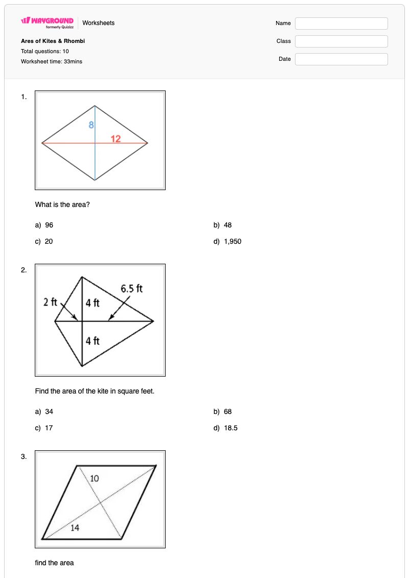 Ares of Kites & Rhombi - Printable Area-of-a-kite Worksheets Class 9 - Wayground
