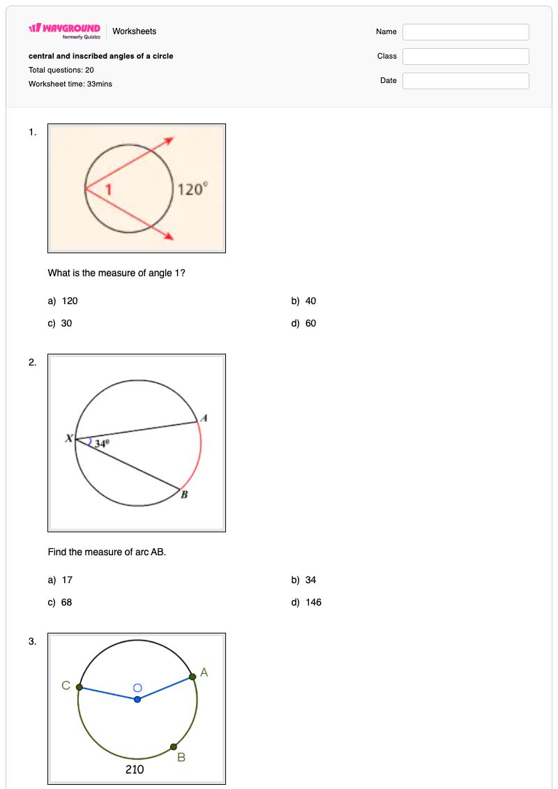 central and inscribed angles of a circle - พิมพ์ได้ Arcs เวิร์กชีท - Wayground
