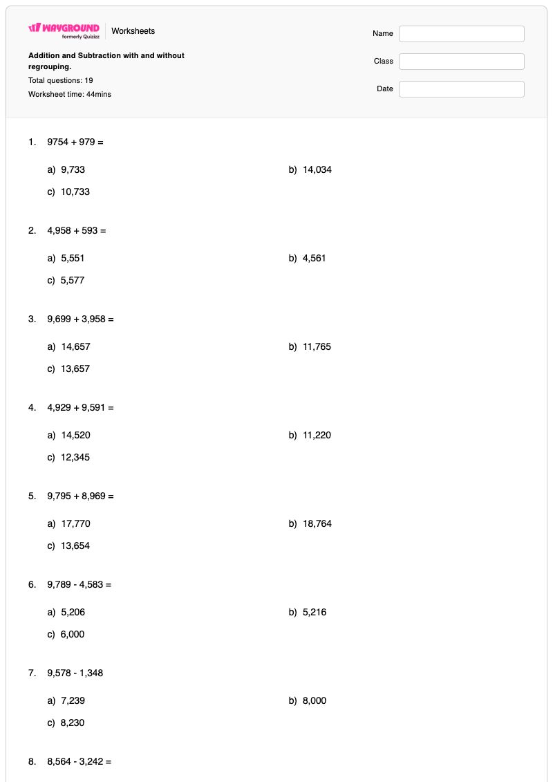 Addition and Subtraction with and without regrouping. - Printable Subtraction-with-regrouping Worksheets Class 4 - Wayground