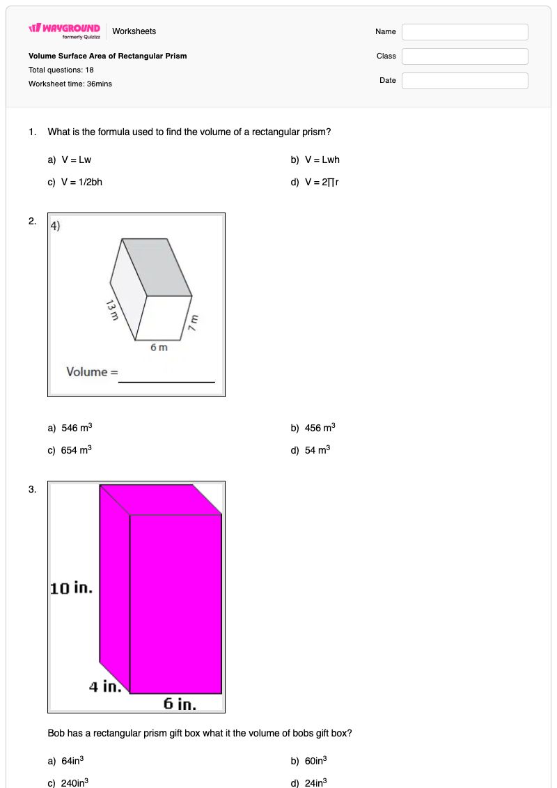 Volume Surface Area of Rectangular Prism - พิมพ์ได้ ปริซึมสี่เหลี่ยมผืนผ้า เวิร์กชีท - Wayground