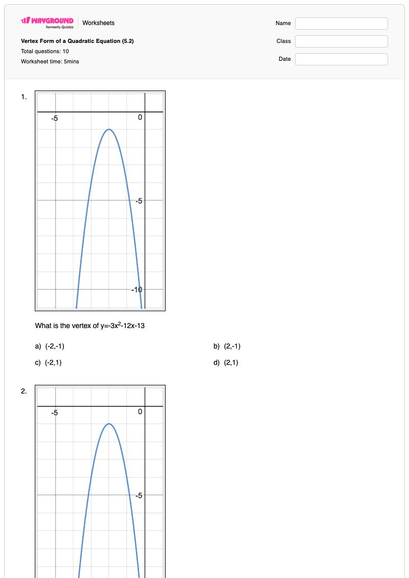 Vertex Form of a Quadratic Equation (5.2) - พิมพ์ได้ Vertex-form เวิร์กชีท - Wayground
