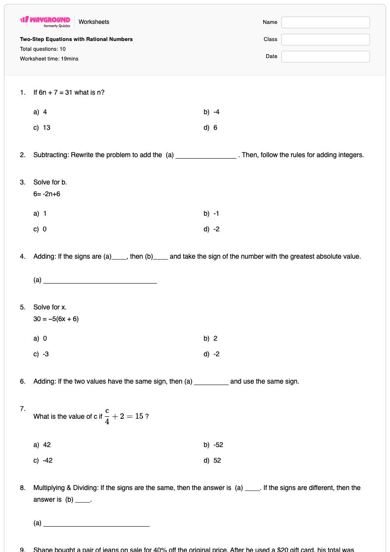 Two-Step Equations with Rational Numbers - พิมพ์ได้ สมการสองขั้นตอน เวิร์กชีท - Wayground