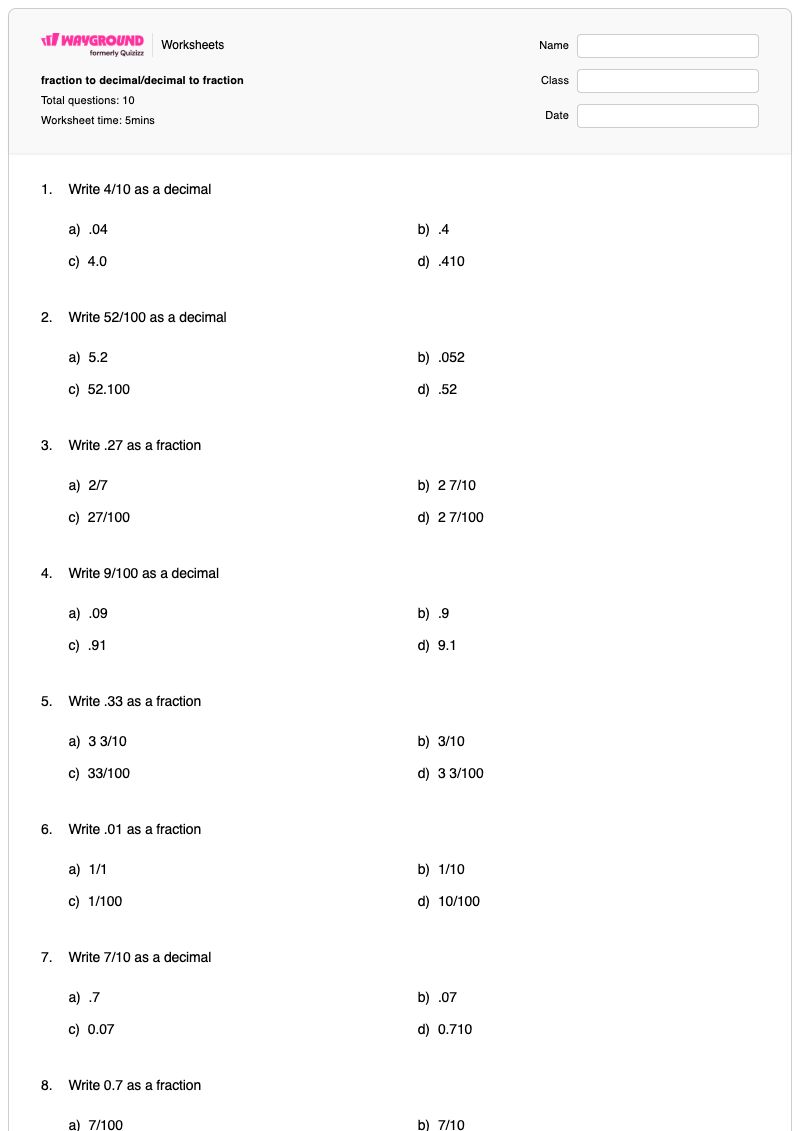 fraction to decimal/decimal to fraction - Printable Fraction-decimal-and-percent-conversion Worksheets Year 4 - Wayground