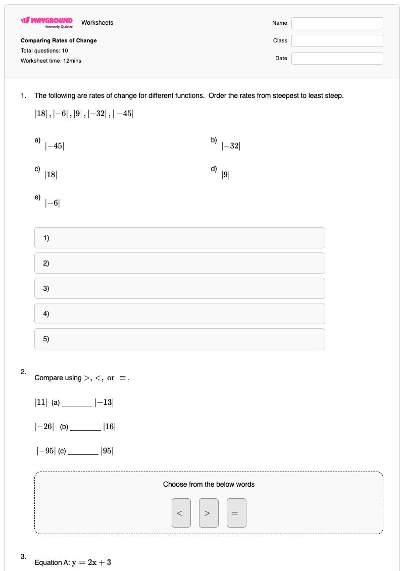 Comparing Rates of Change - Printable Unit-rate-and-slope Worksheets Grade 8 - Wayground