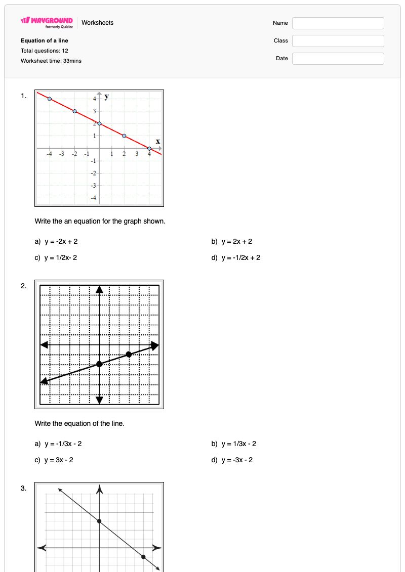 Equation of a line - Printable Equation-of-a-line Worksheets Class 8 - Wayground