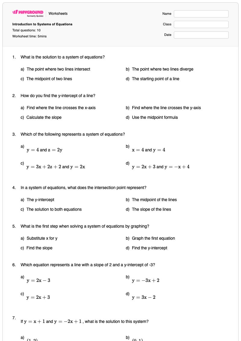 Introduction to Systems of Equations - Printable Systems-of-equations Worksheets - Wayground