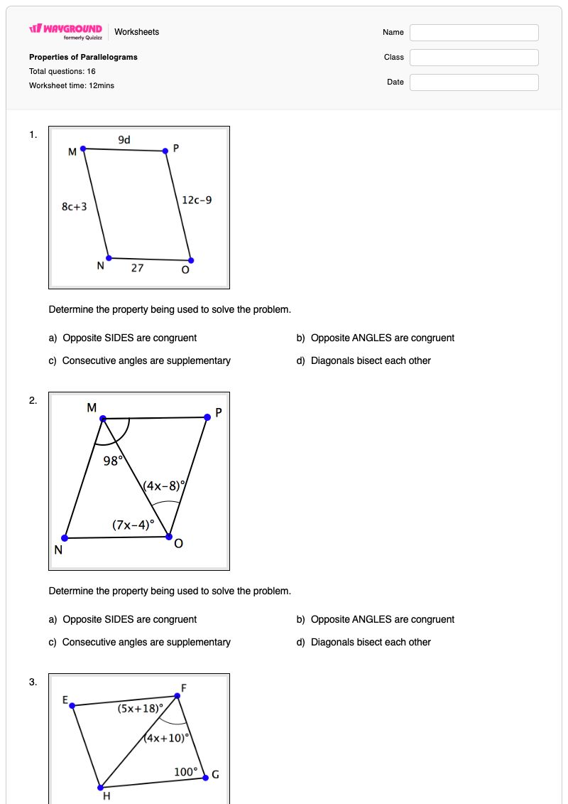 Properties of Parallelograms - Printable Properties-of-parallelograms Worksheets - Wayground