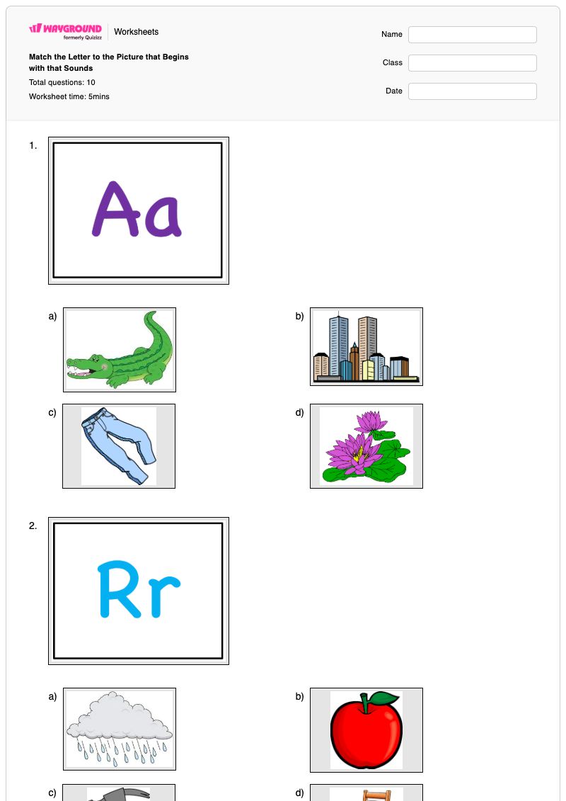 Match the Letter to the Picture that Begins with that Sounds - พิมพ์ได้ Letter-matching เวิร์กชีท - Wayground