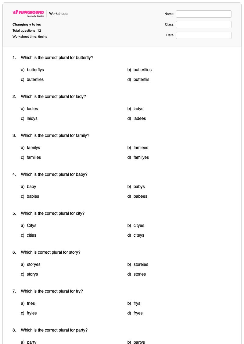 Changing y to ies - Printable Change-y-to-i-rule Worksheets Year 2 - Wayground