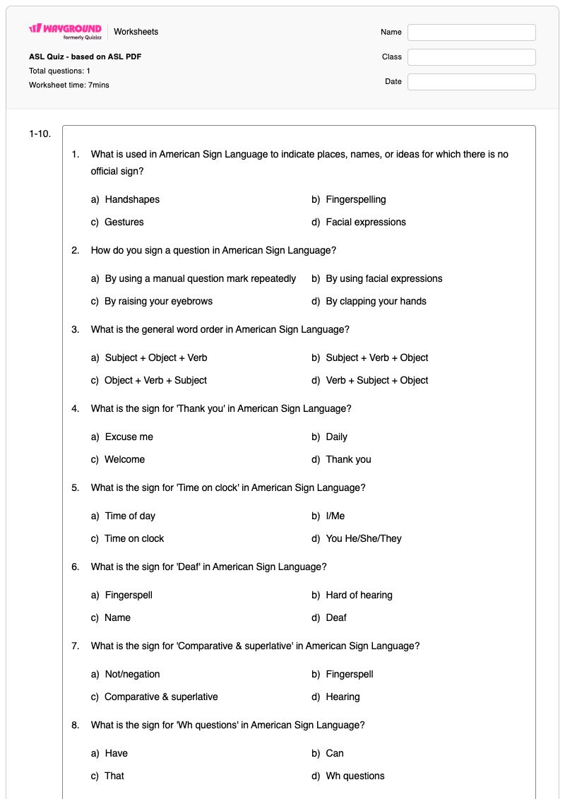 ASL Quiz - based on ASL PDF  - Printable Asl-fingerspelling Worksheets Kindergarten - Wayground