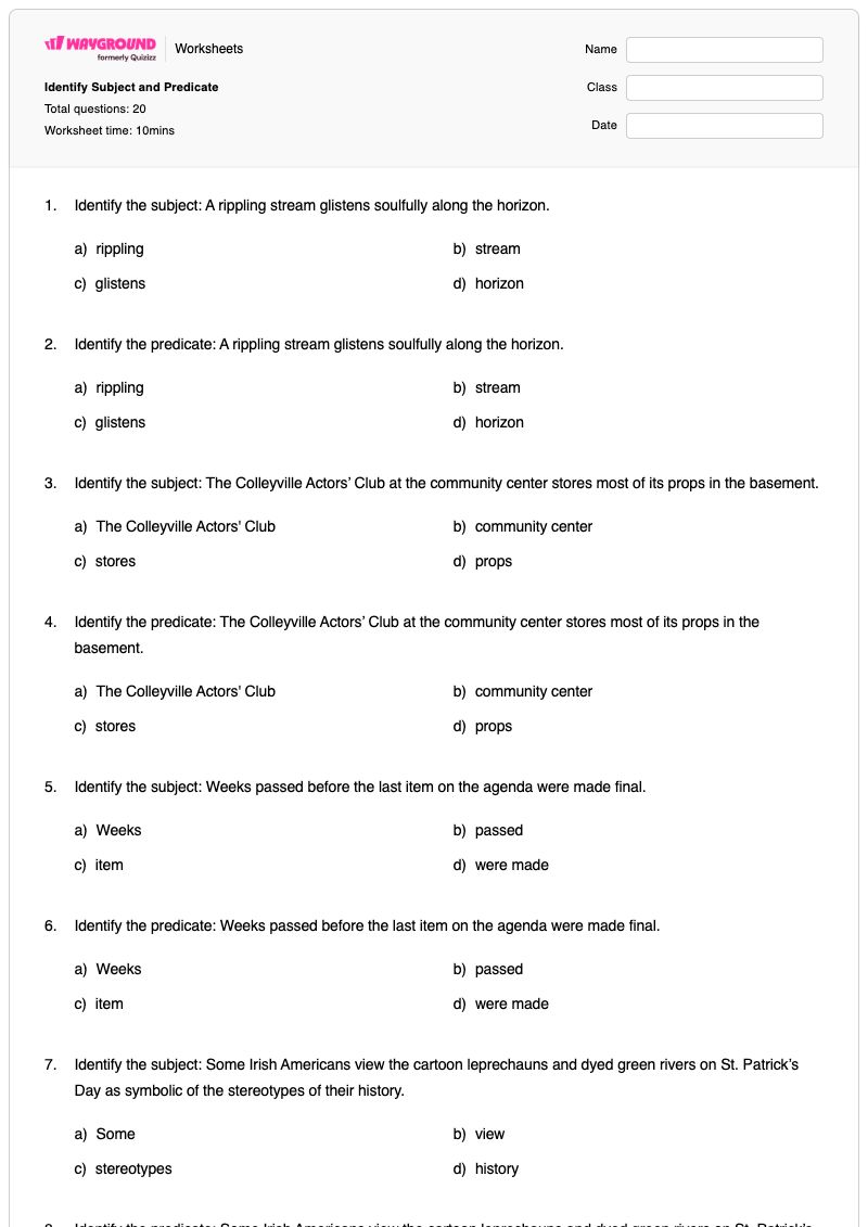 Identify Subject and Predicate - พิมพ์ได้ Subject-and-predicate เวิร์กชีท - Wayground