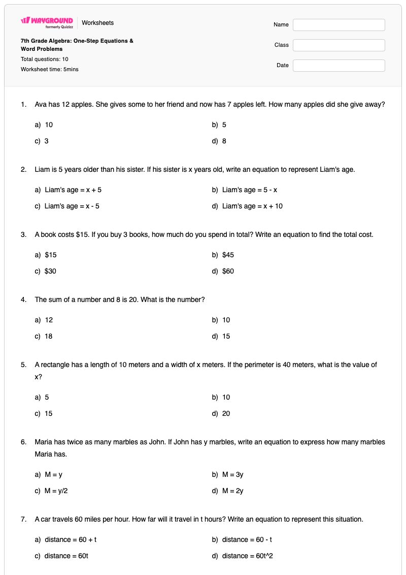 7th Grade Algebra: One-Step Equations & Word Problems - พิมพ์ได้ สมการขั้นตอนเดียว เวิร์กชีท - Wayground