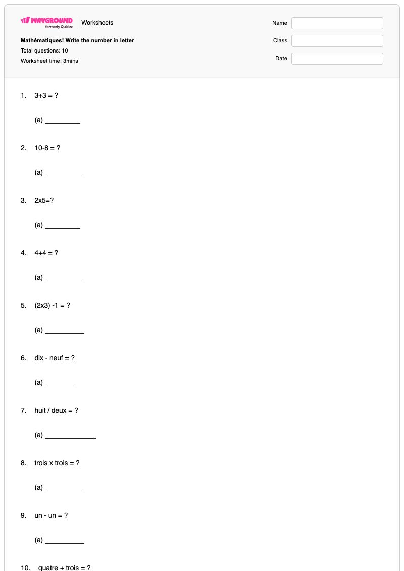 Mathématiques! Write the number in letter - พิมพ์ได้ คำศัพท์เกี่ยวกับตัวเลข เวิร์กชีท - Wayground