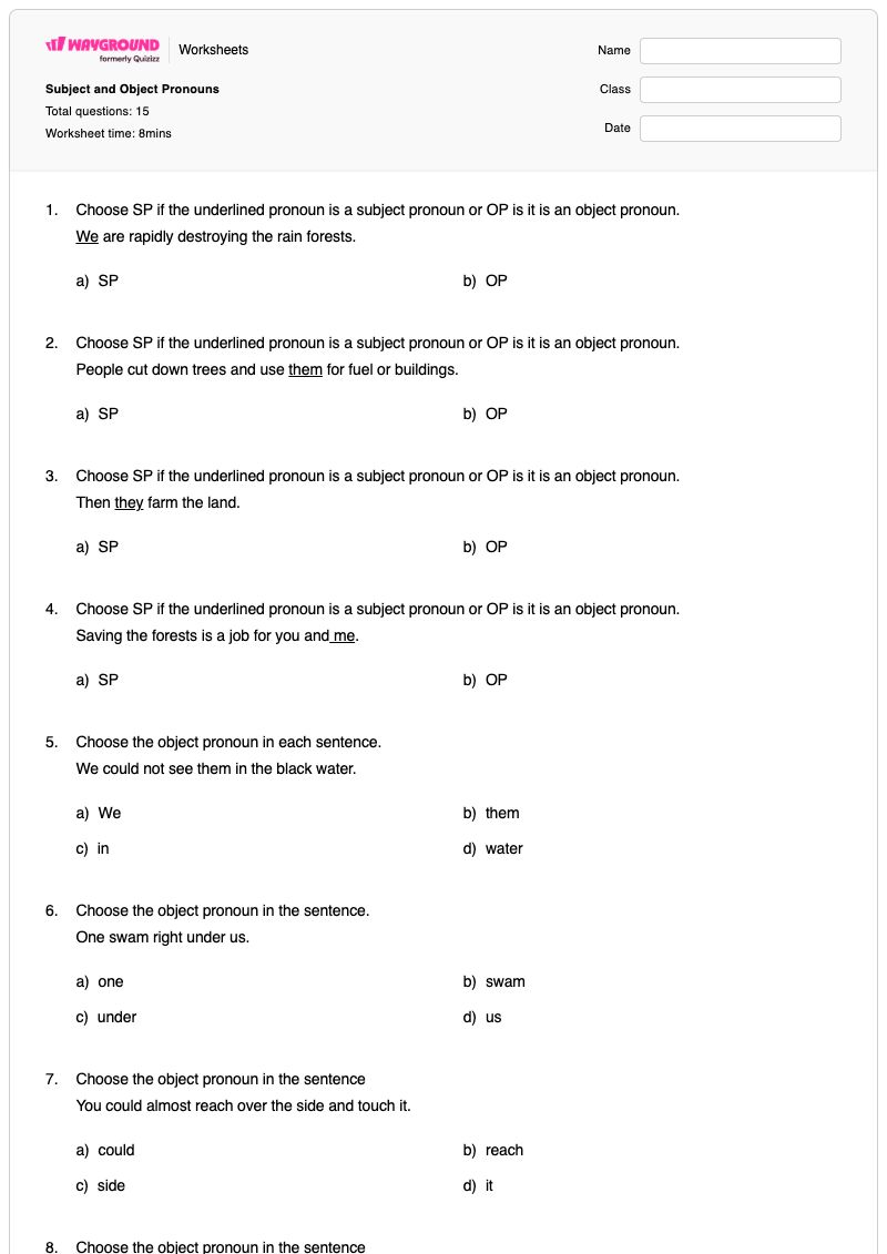 Subject and Object Pronouns - พิมพ์ได้ ประธานและกรรม เวิร์กชีท ระดับ 4 - Wayground