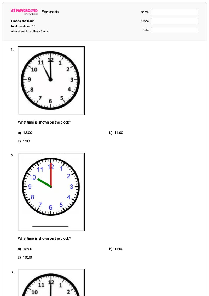 Time to the Hour - Printable Time Worksheets - Wayground