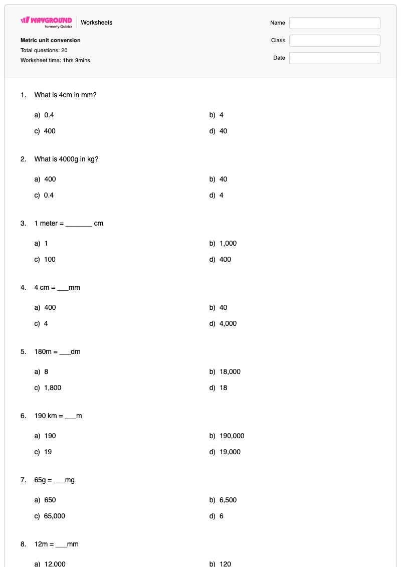 Metric unit conversion - พิมพ์ได้ การแปลงหน่วย เวิร์กชีท ระดับ 12 - Wayground