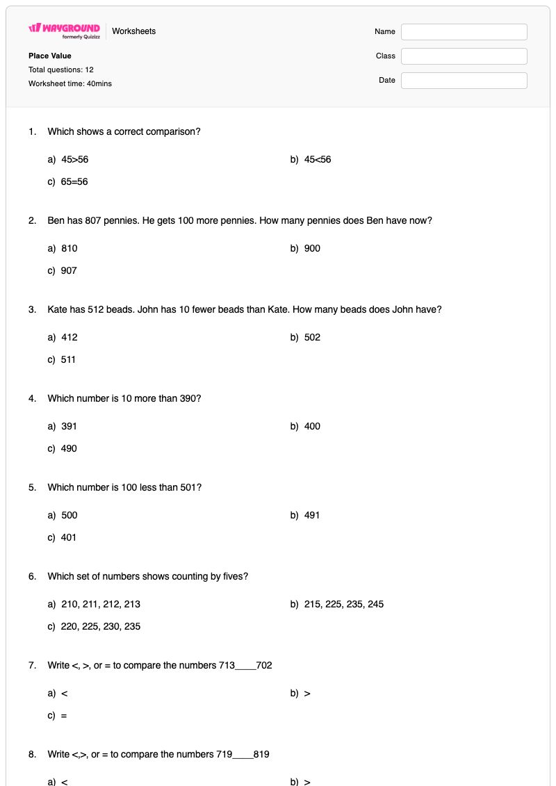 Place Value - Printable Number-comparison-more-and-less Worksheets Grade 2 - Wayground