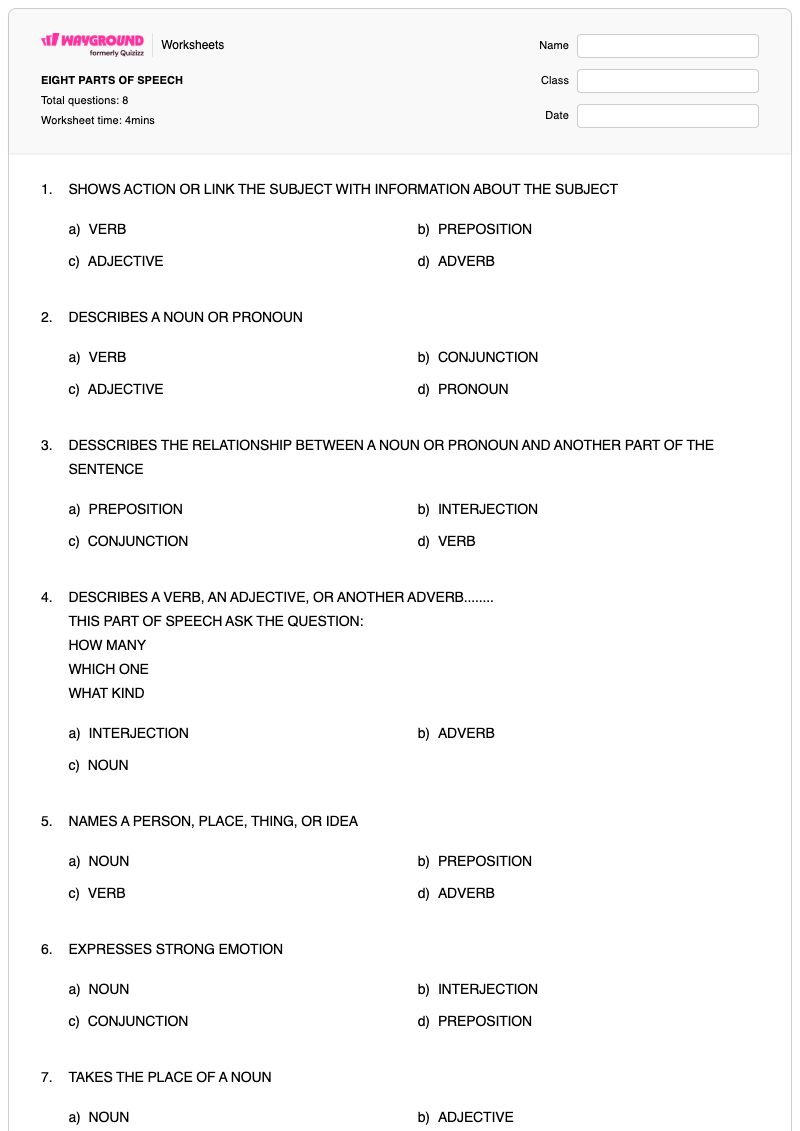 EIGHT PARTS OF SPEECH  - พิมพ์ได้ ส่วนประกอบของคำพูด เวิร์กชีท - Wayground