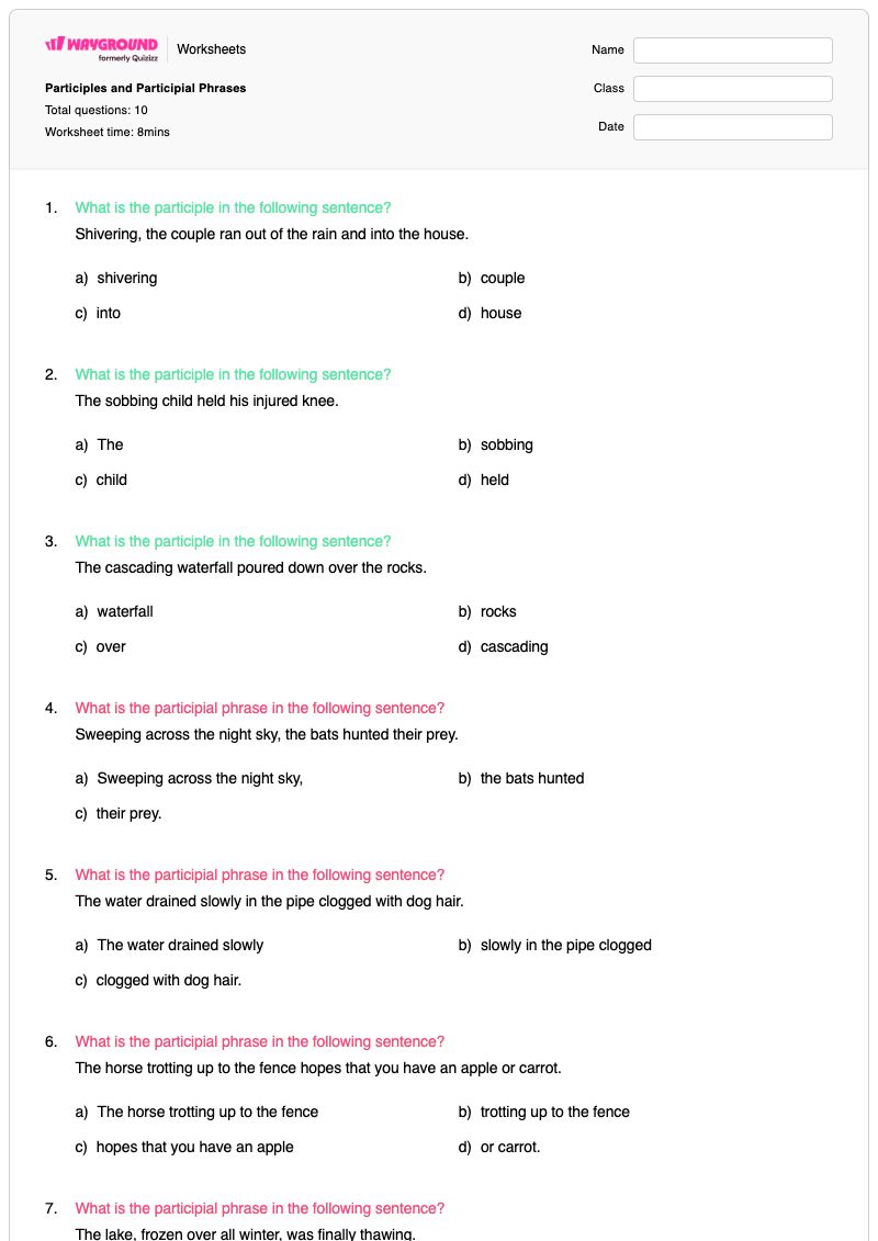 Participles and Participial Phrases - Printable Participial-phrases Worksheets - Wayground