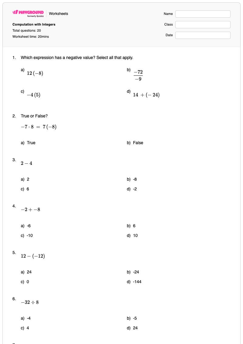 Computation with Integers - Printable Multiplying-and-dividing-negative-numbers Worksheets Grade 6 - Wayground