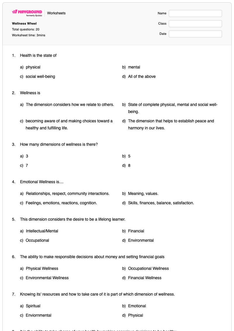 Wellness Wheel - Printable Dimensions-of-wellness Worksheets Grade 9 - Wayground