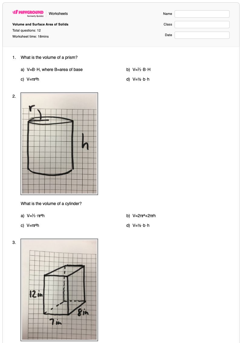 Volume and Surface Area of Solids - Printable Volume-and-surface-area Worksheets Year 11 - Wayground