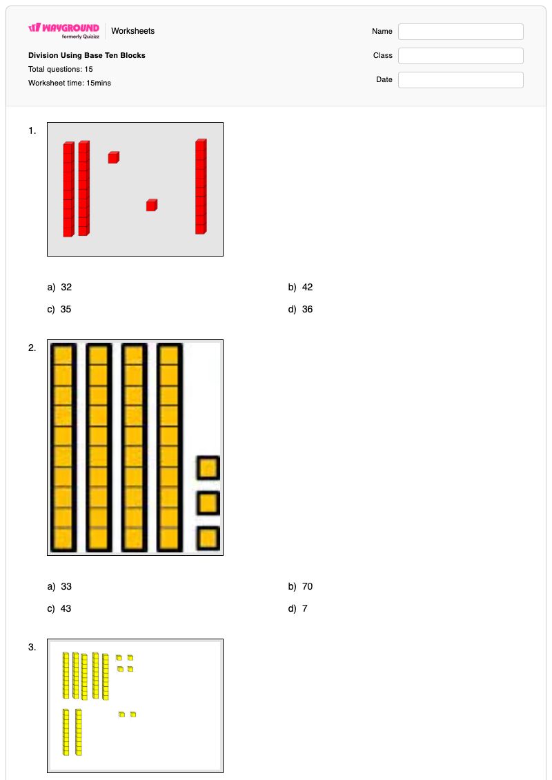 Division Using Base Ten Blocks - Printable Division Worksheets - Wayground