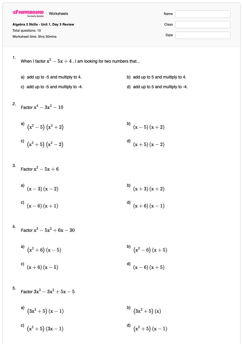 Algebra 2 Skills - Unit 1, Day 3 Review - Printable Algebra-2 Worksheets - Wayground