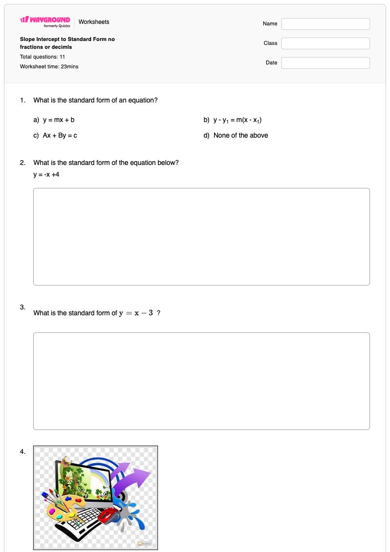 Slope Intercept to Standard Form no fractions or decimls - พิมพ์ได้ รูปแบบความชัน-จุดตัดแกน เวิร์กชีท - Wayground