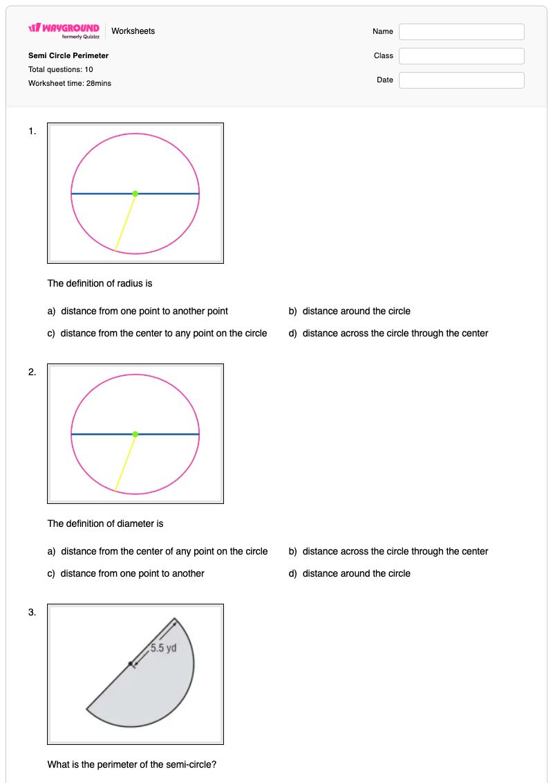Semi Circle Perimeter - พิมพ์ได้ พื้นที่และปริมณฑล เวิร์กชีท - Wayground