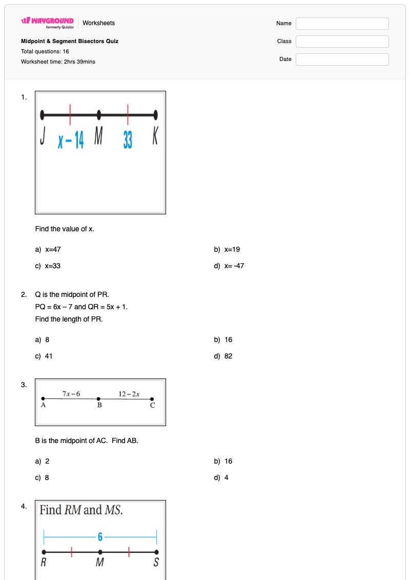 Midpoint & Segment Bisectors Quiz - Printable Midpoints Worksheets - Wayground